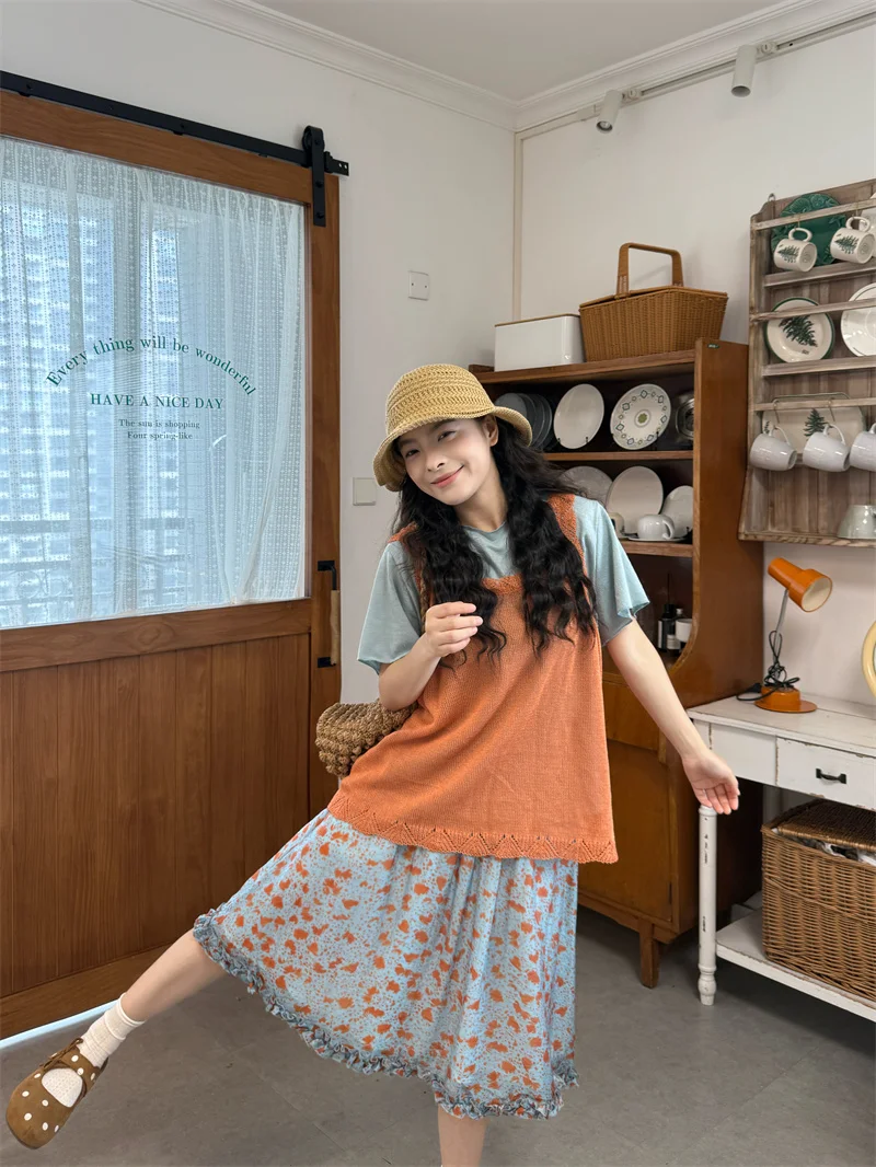 

Casual Loose Short Sleeve T-Shirt Women's Vest Overlap Summer Wooden Half Skirt Three-piece Set High Waist Adult Fashion