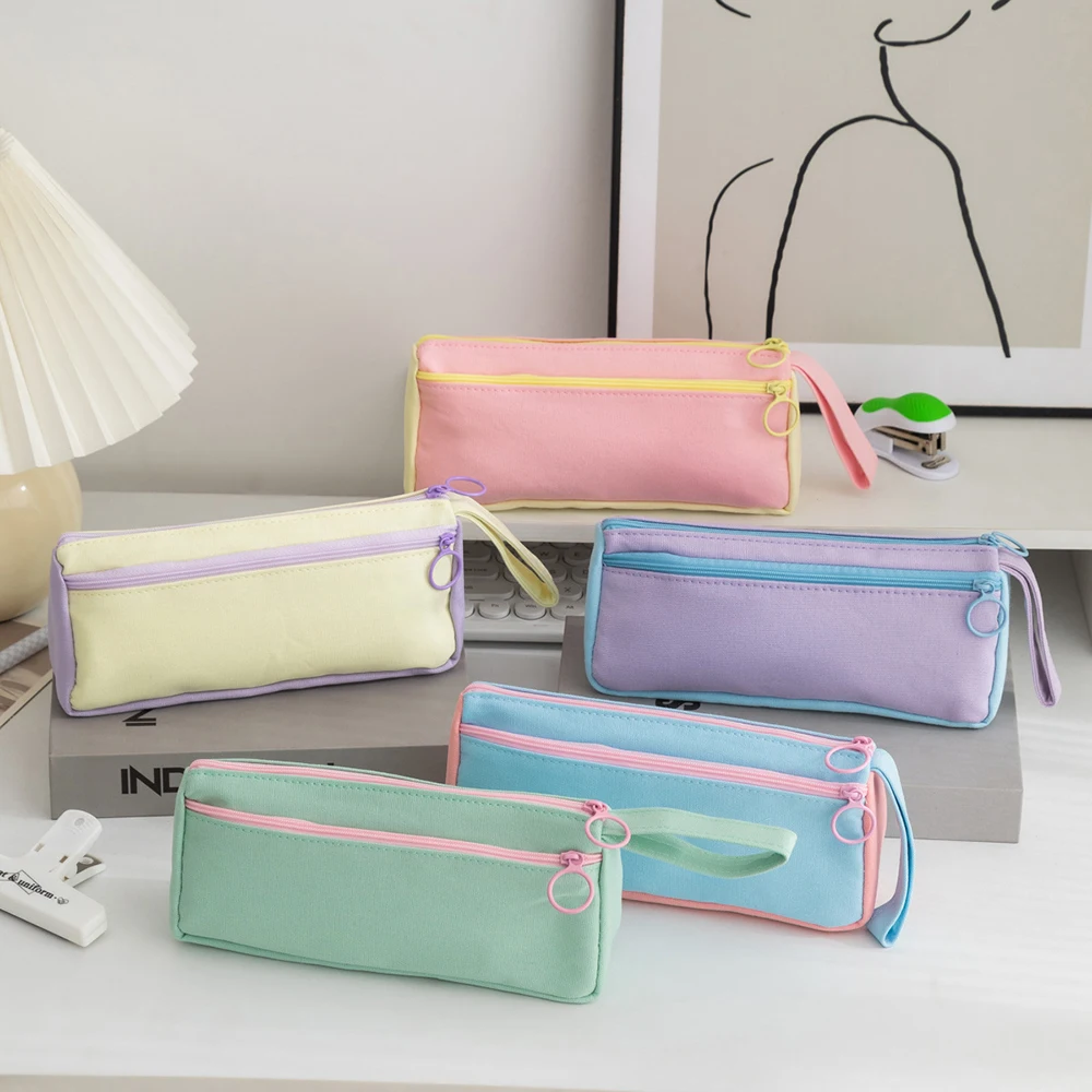 

Korean version color blocked student pencil case, cute stationery bag, large capacity stationery storage, simple pencil case