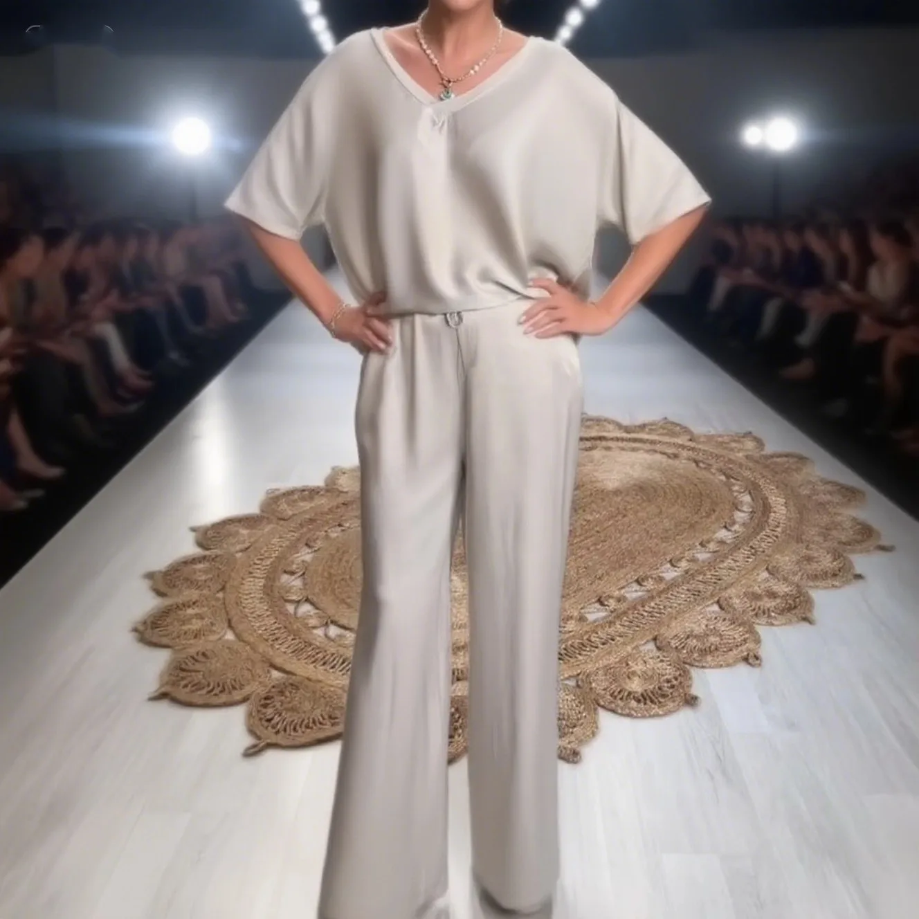 

2025 Autumn Suit Viscose Two-piece Set Trendy Satin Two-piece Outfits for Women Oversize V-neck Top Wide Leg Pants Set Lounge