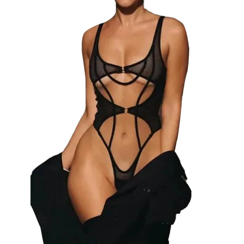 Belamimi Fashionable underwear - slim-fit, patchwork, see-through, open-work mesh shaping, sexy one-piece dress