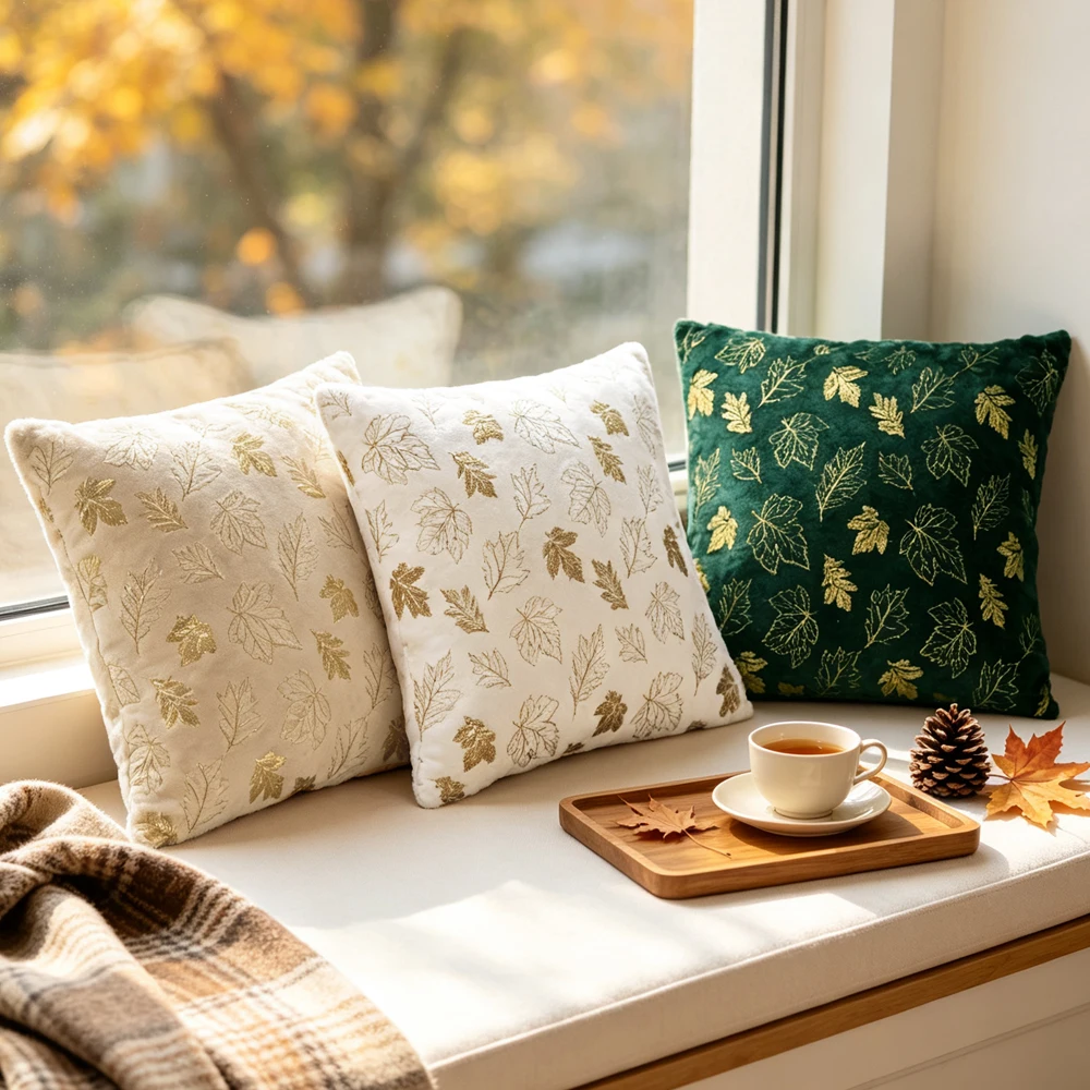 BUYNOW 1PC Faux Rabbit Fur Gold-foil Maple Leaf Cushion Cover Without Filler Autumn Country Pillowcase Sofa Bedroom Home Decor