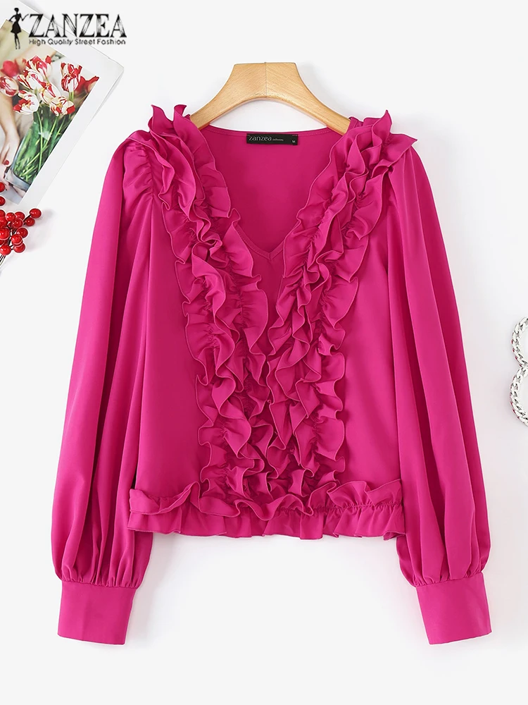 Women American Fashion Tops ZANZEA 2024 Vintage Shirts Casual Loose Solid V-neck Blouse Chic Lantern Long Sleeve Ruffles Tunic