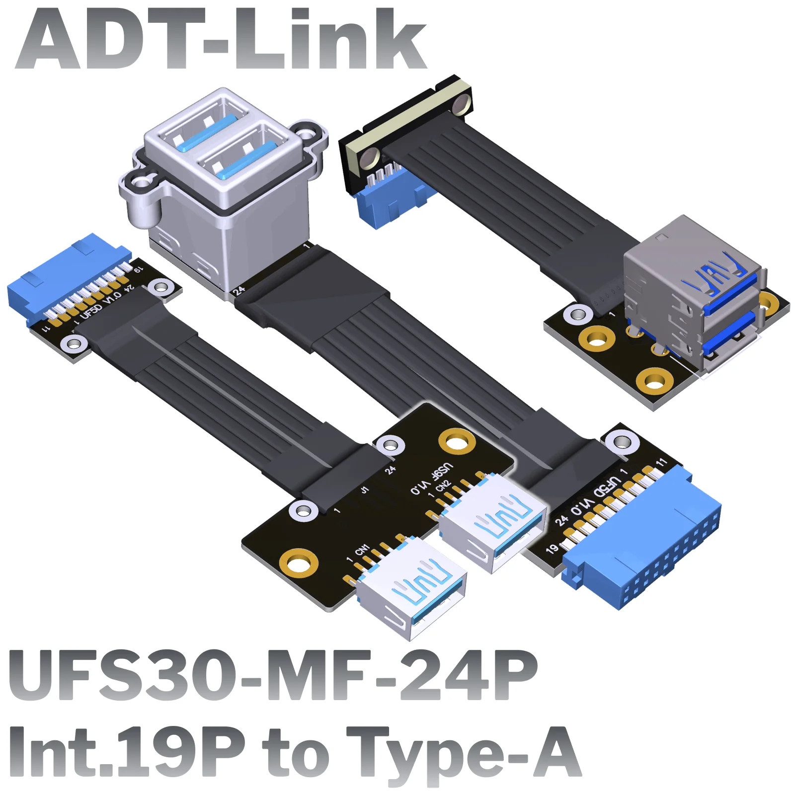 USB 3.0 Dual Type-A Female to Internal 19Pin Type-E Male Connector Flat Cable USB A 3.0 to Int.19/20P Ribbon Cable w Screw Holes