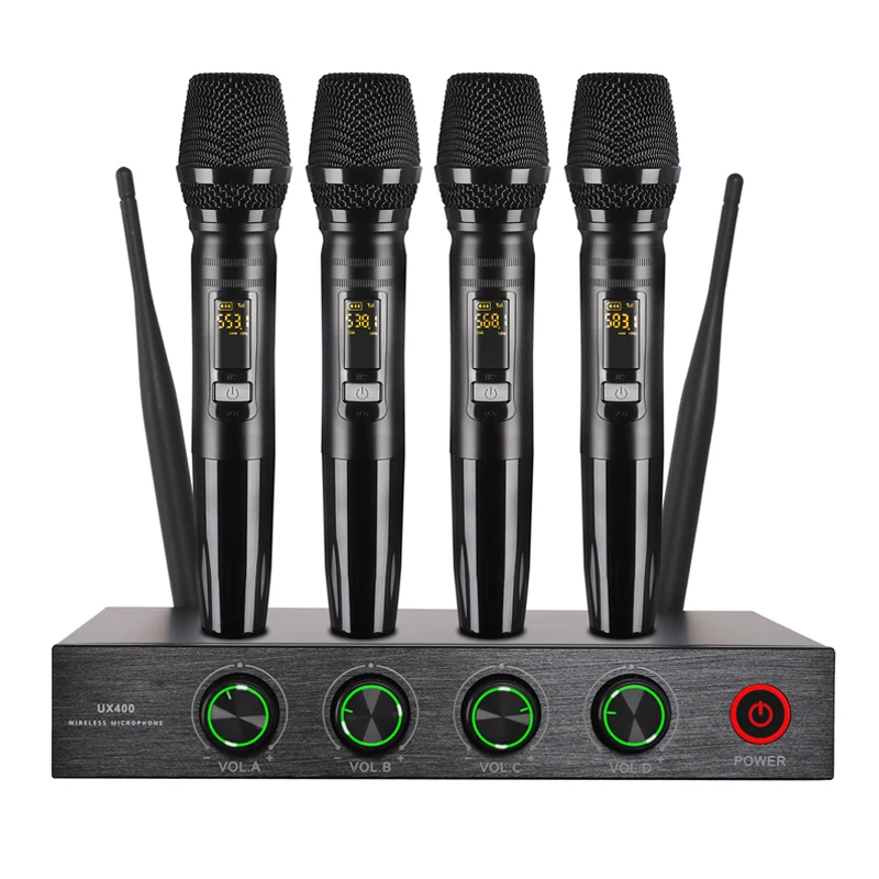 

Professional Wireless Microphone System UHF 4 Channels Handheld Mic Dynamic Microphone For Party Karaoke Church Show Meeting