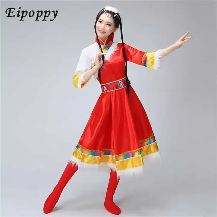 Disfraz étnico tibetano, traje corto, traje de baile cuadrado, tibetano