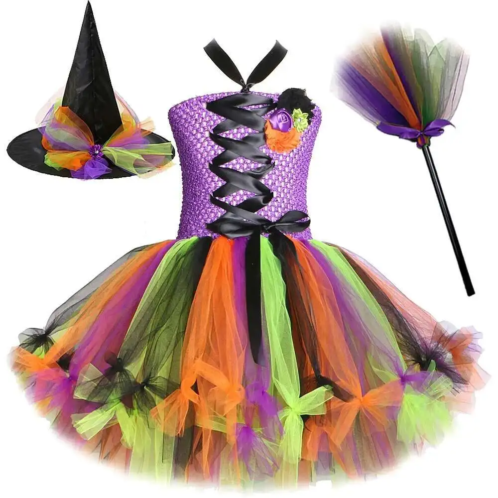 

Halloween Witch Costumes for Girls Carnival Party Tutu Dress with Magic Broom Hat Kids Sorceress Disguise Outfit Fancy Clothes