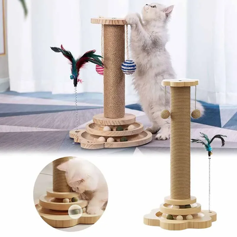 Solid Wood Cat Climbing Pet Cat Toys Frame Durable Sisal Scratching Board One-piece Cat Grab Column with Turntable Pet Tower