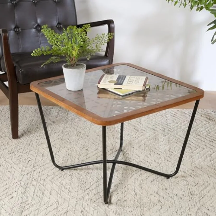 

Lyle Living Room Modern Industrial Square Coffee Table Glass Top Sofa Table with Wooden Edge+Metal Leg Cafeteria End Table Mult