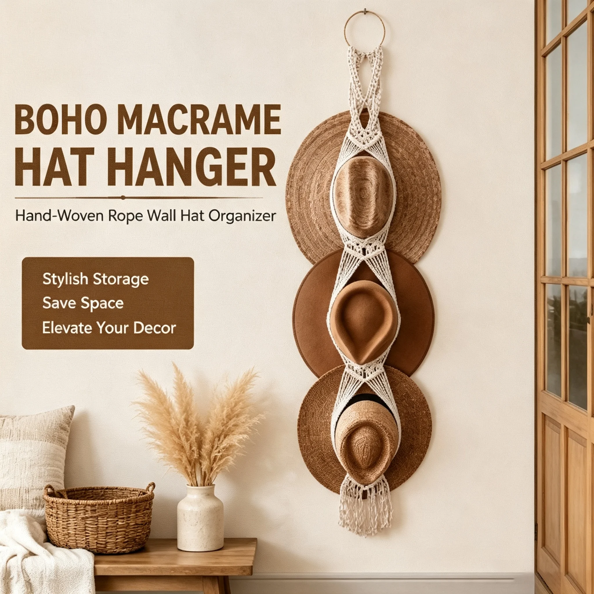 Macrame Hat Holder Boho Wall Hat Storage Organizer Tassel Woven  Hat Display Rack for Bedroom Closet Home Wall Decoration