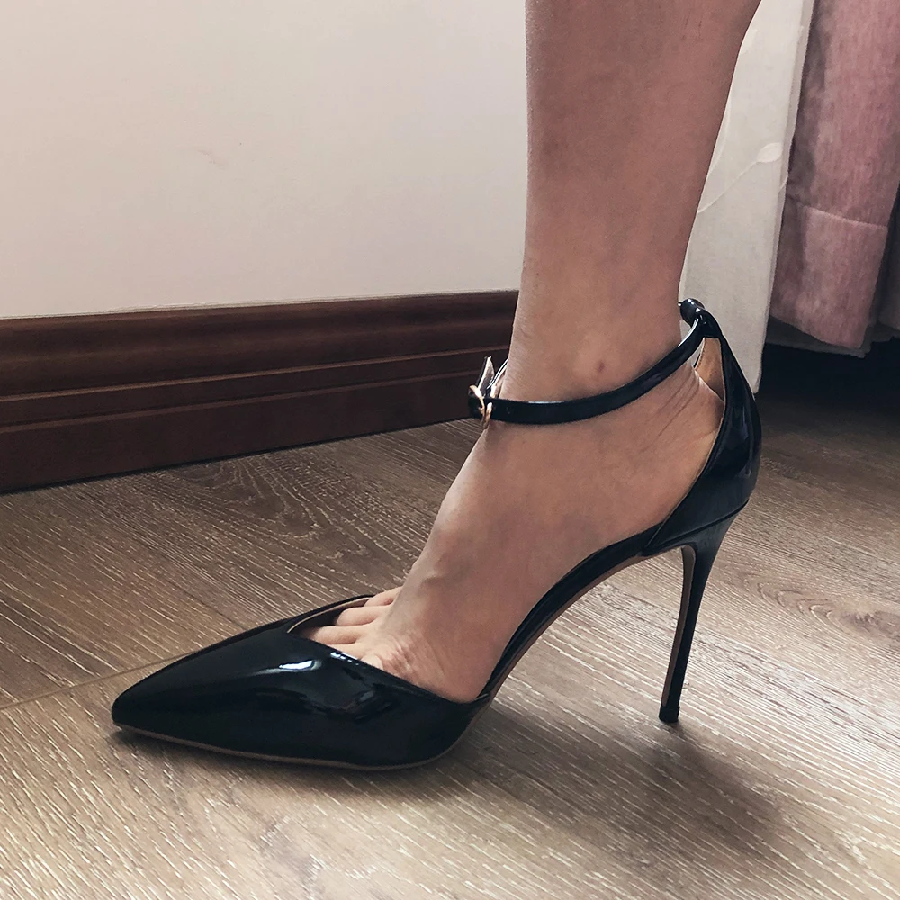 Tikicup Triangle Cut Pointy Toe Women Black Patent  Ankle Strap High Heel Shoes Elegant Designer Summer Stiletto Pumps Customize