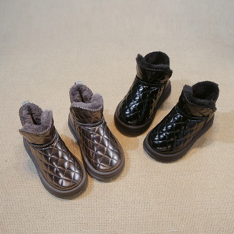 Kids Winter Leather Add Velvet Thickened Watertight Cotton Boots Boy Soft Soled Snow Boots Solid Color  Checkered Upper Shoes