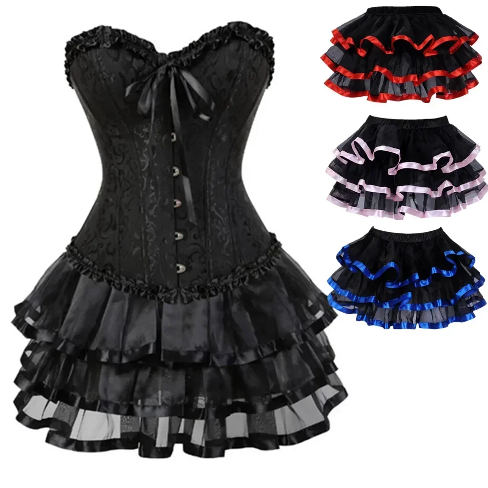 Corset Dress Bustier Skirts Top Set Plus Size Women Gothic Victorian Lolita Costume Corsets Overbust Vintage Lingerie Lace Sexy