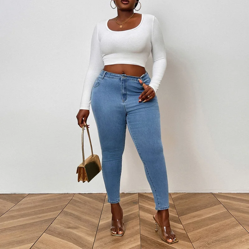Benuynffy Plus Size Mid Waisted Retro Washed Skinny Jeans Women 2025 Spring Summer Casual Streetwear Ankle-length Pencil Pants