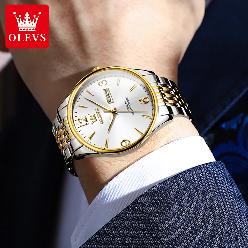 OLEVS 2928 Number Scale Quartz Watch For Men Luxury Top Brand Dual Calendar Wristwatch Stainless Steel Waterproof Man Watch 2024