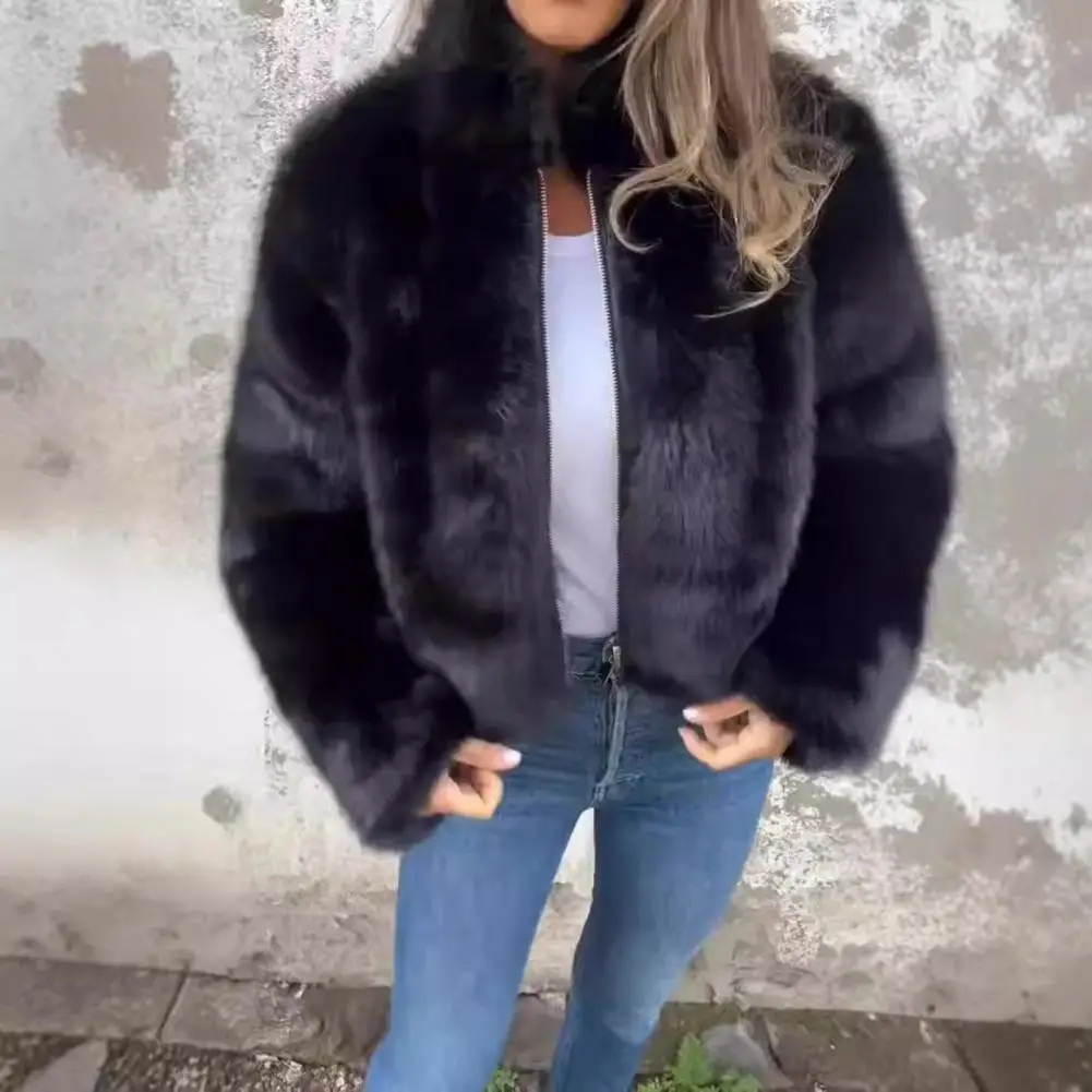 Cozy Winter Outerwear Luxurious Faux Fur Winter Jacket with High Collar Heat Retention for Women Elegant Style for Home Office