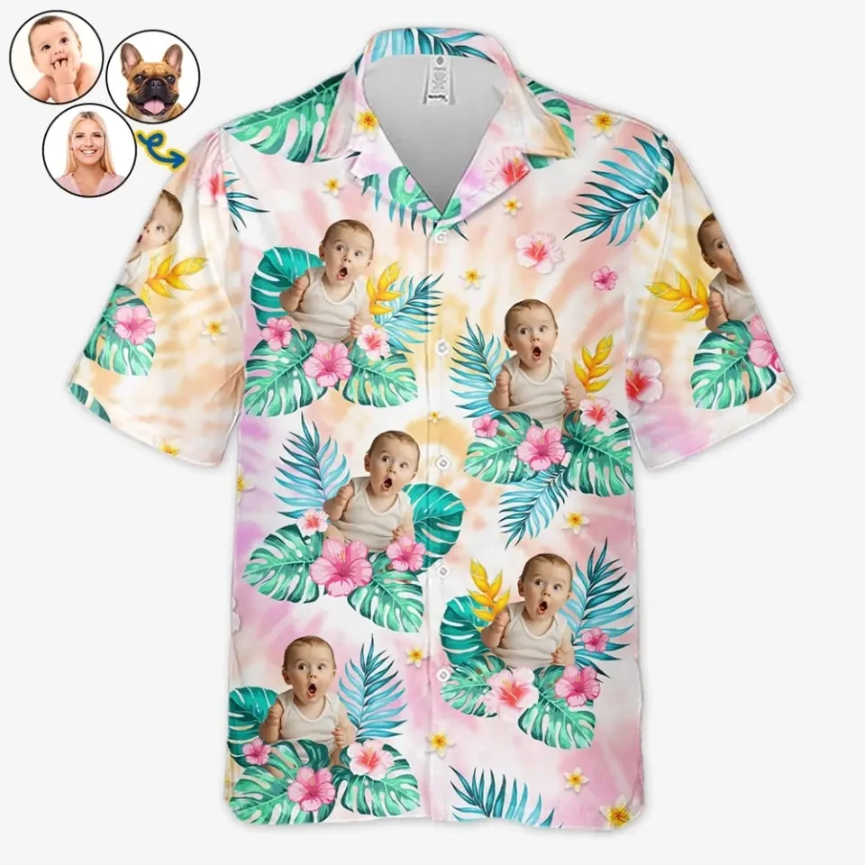 Personalized Baby Photo Flamingo Hawaiian Shirt Custom Face Print Tropical Flamingo And Palm Tree Pattern Aloha Shirt Blouses
