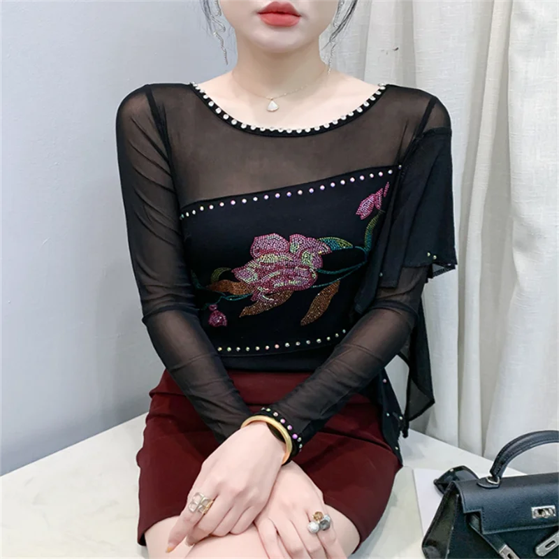 Sexy Mesh T-shirt Women's Blous Drill Tshirts Top Spring Autumn Woman Clothes Tshirts O-neck Long Sleeve Pullover Female Tees