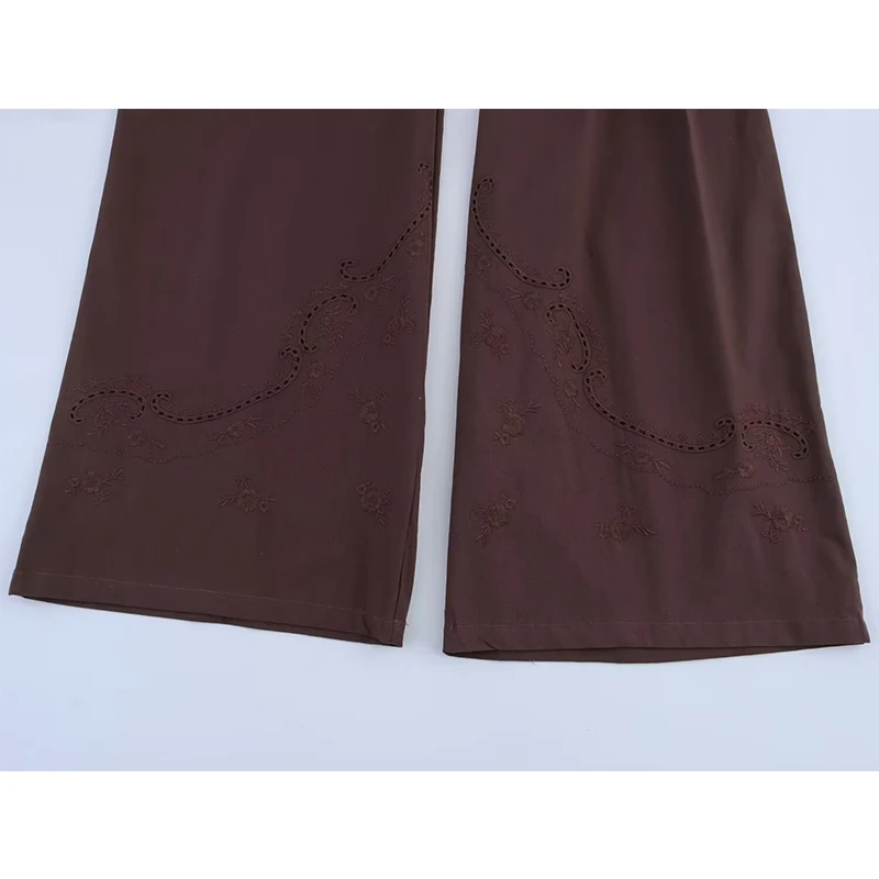YENKYE Vintage Brown Wide Leg Embroidery Pants Women High Waist Casual Loose Trousers Summer pantalones de mujer