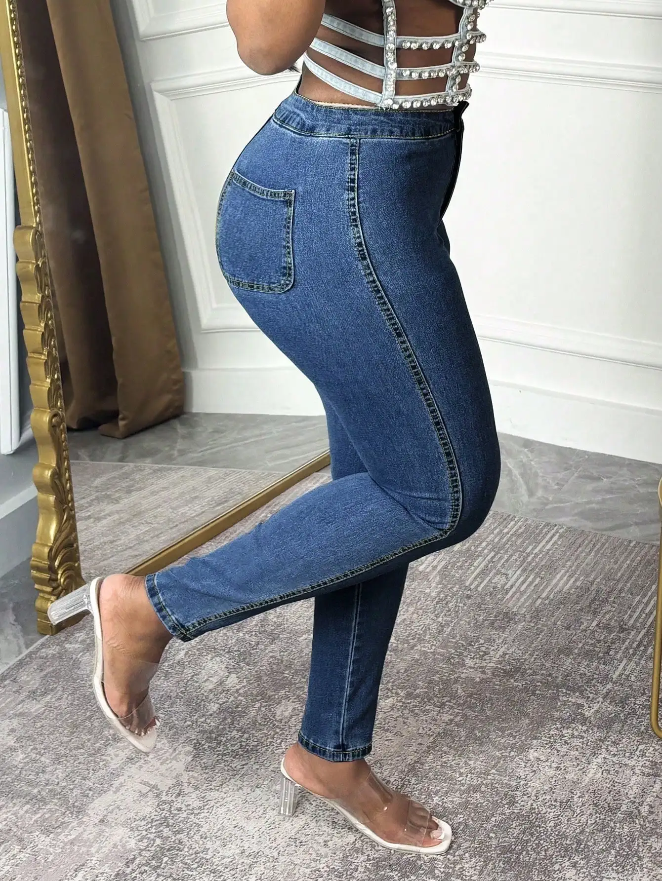 

Джинсы с высокой талией, стрейч, облегающие, для женщин, повседневные, для офиса