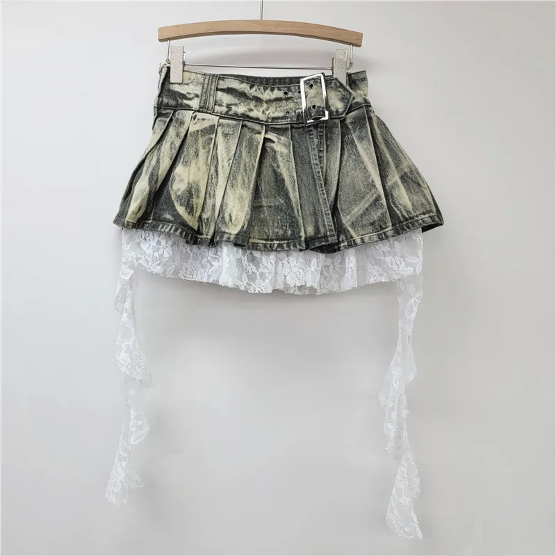 GALCAUR Hit Color Spliced Lace Irrgular Mini Skirts for Women High Waist Patchwork Folds Fashion Cowboy Skirt Female Clothing