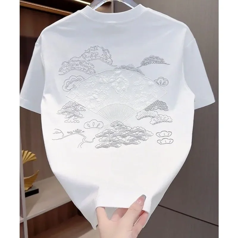 Men's Chinese Style Fan Embroidery T Shirt Half Sleeve Solid Color Loose Casual Tops