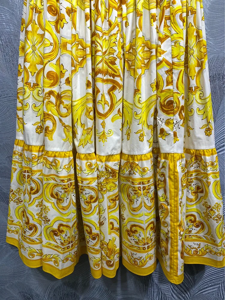 Women\'s Yellow Porcelain Printing Skirt, 100% Cotton, Empire High Street EXpansion Half Dresses, Fashion, Summer