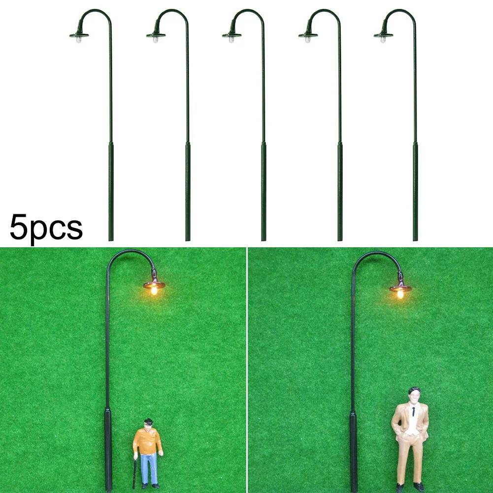 12V 5 Complete Lamps 5 Resistors 14cm Railway Street Lights Warm White Lamps 1:43 5pcs 70mA Dark Green LED Model