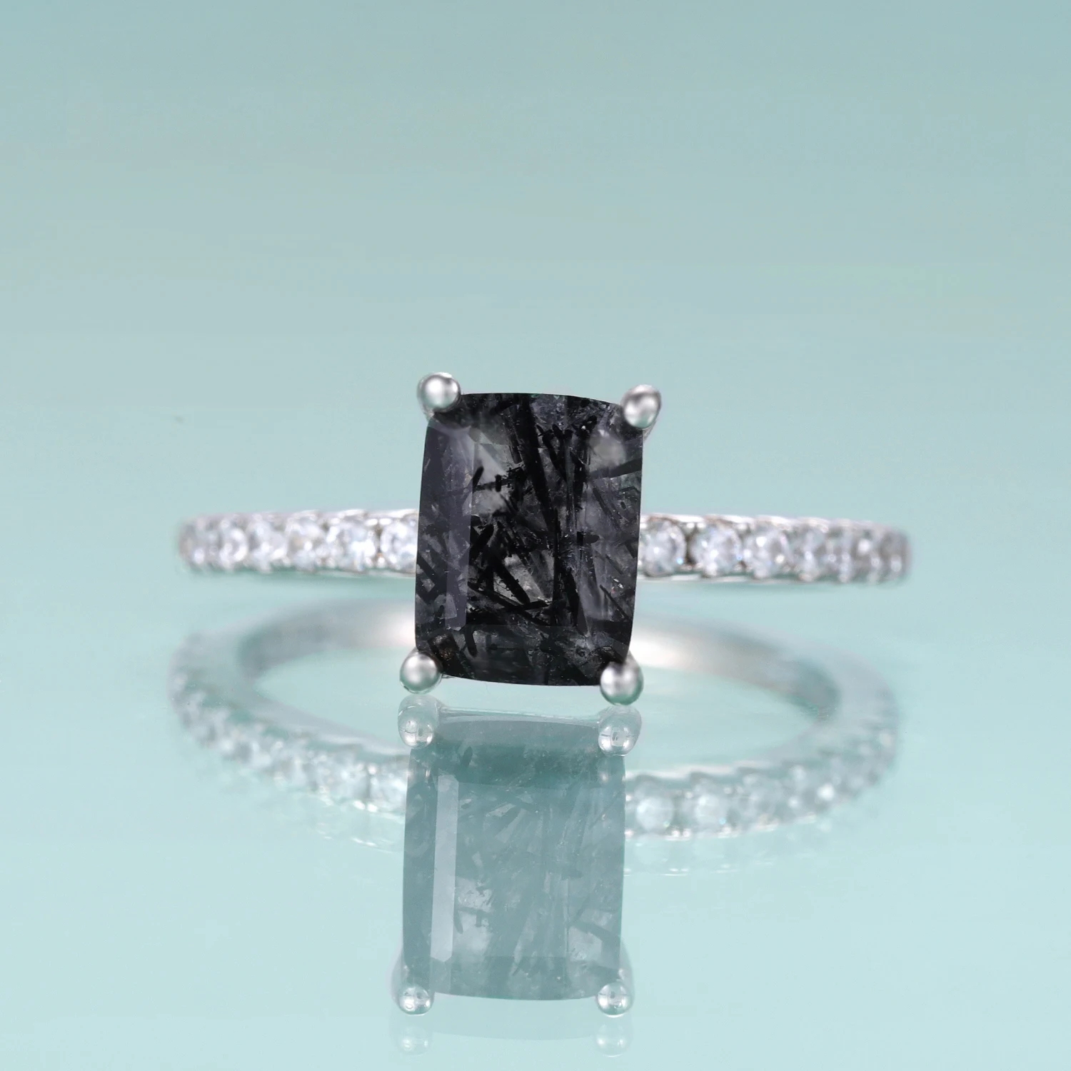 GEM'S BALLET Emerald Cut Black Rutilated Quartz Engagement Ring Solitaire Wedding Ring Gift For Her Art Deco Bridal Rings