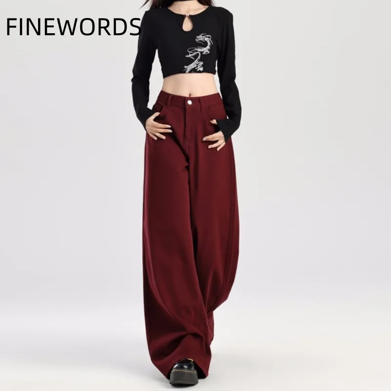 FINEWORDS Vintage Angora Red Wide Leg Jeans Women Korean Casual Baggy Jeans High Waist Streetwear Full Length Denim Pants