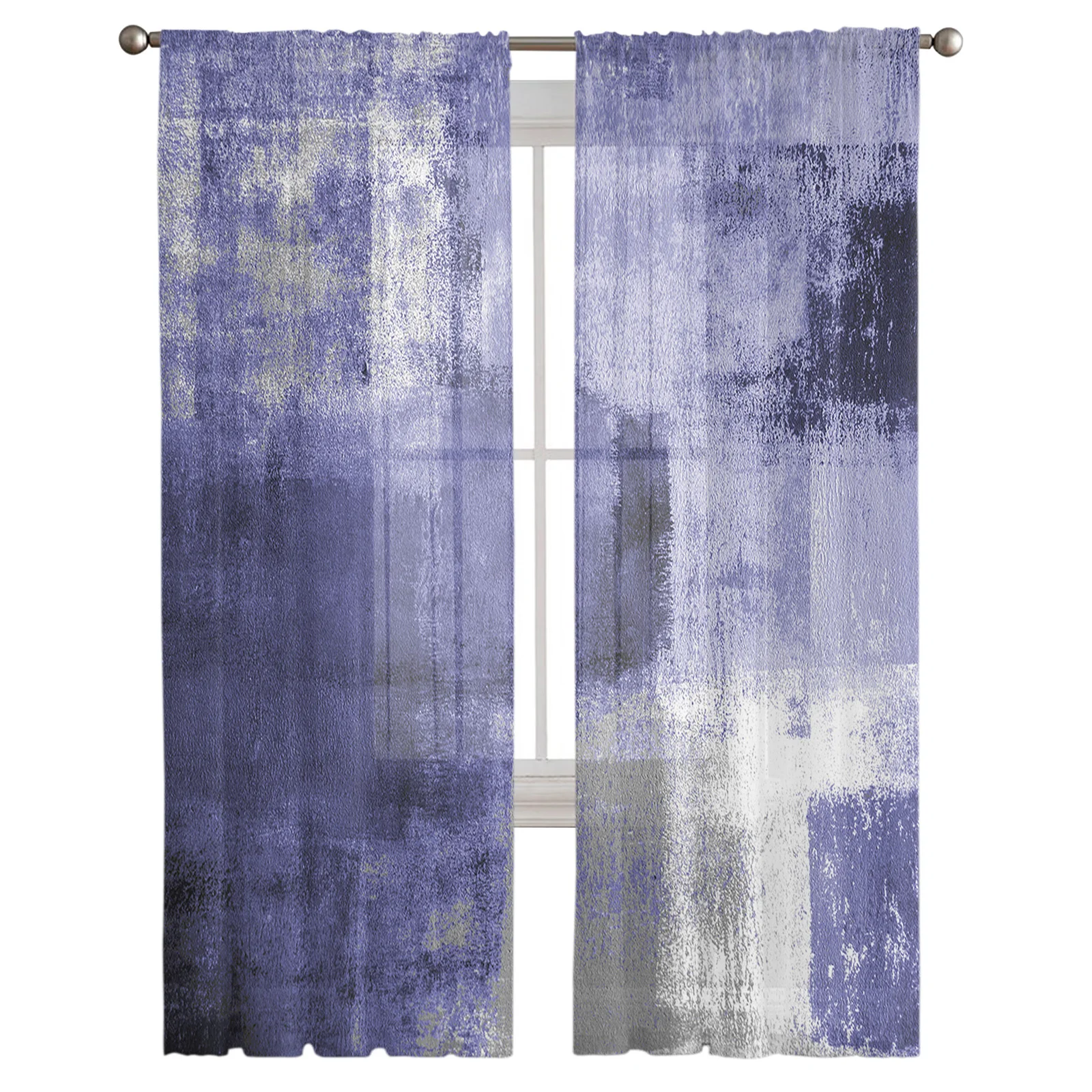 Popular Color Flower Blue Oil Painting Tulle Voile Curtains For Bedroom Window Curtain Living Room Sheer Curtains Organza Drapes