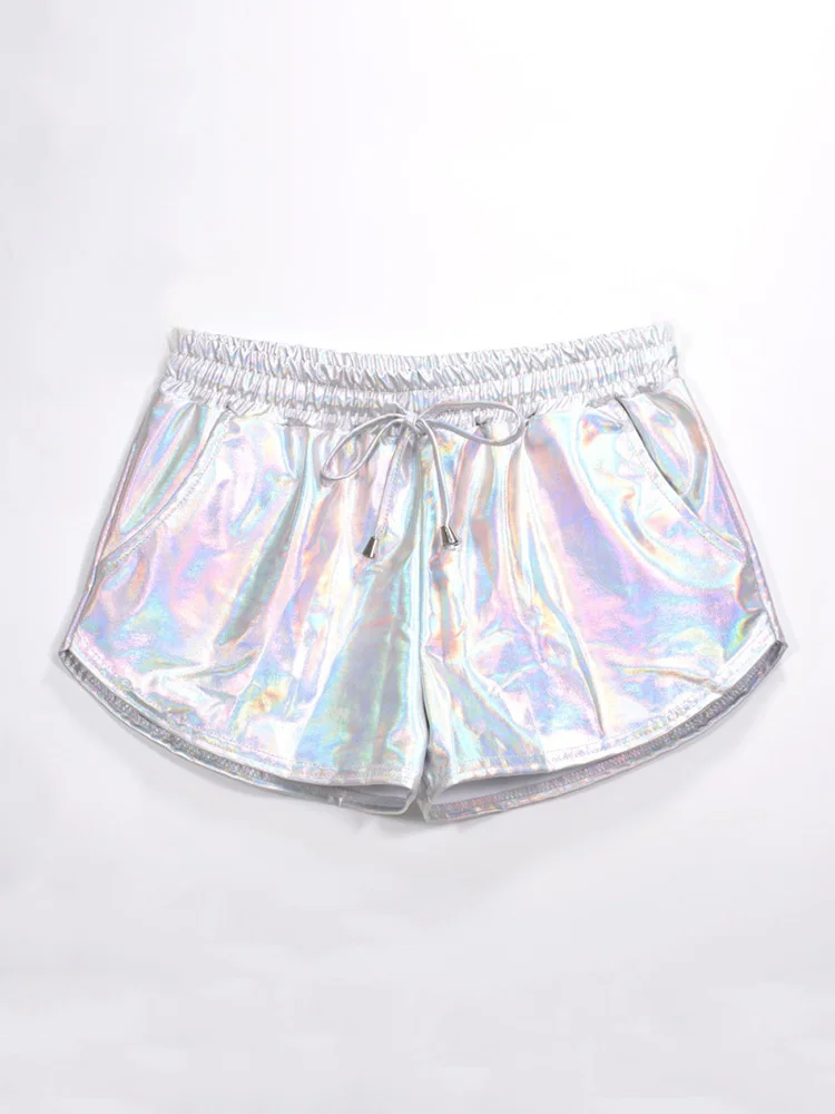 Women Shiny Metallic Hot Shorts 2023 Summer Holographic Wet Look Casual Elastic Drawstring Festival Rave Booty Shorts