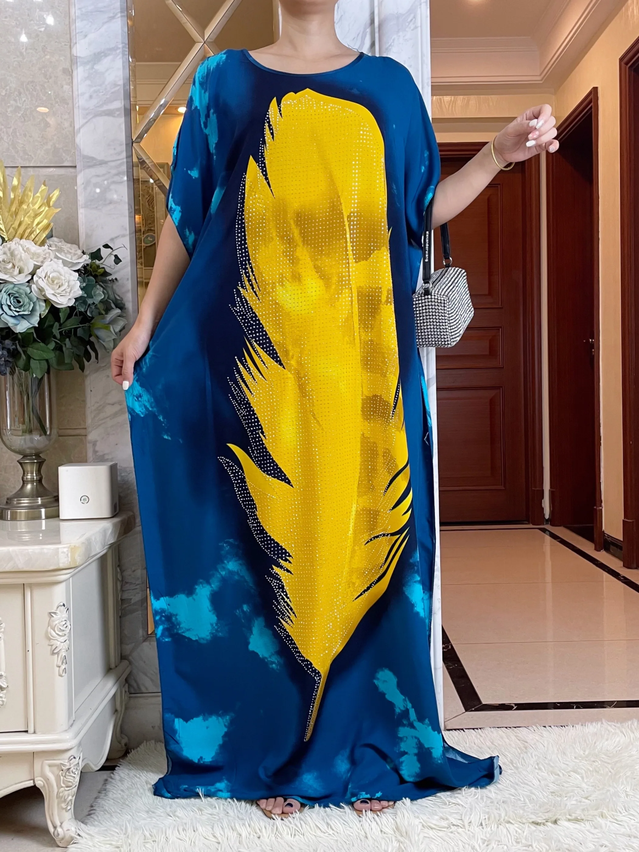 New Summer African Lady Eid Dress With Big Lace Scarf Cotton Printing Loose Floral Boubou Maxi Islam Women Short Sleeve Abaya