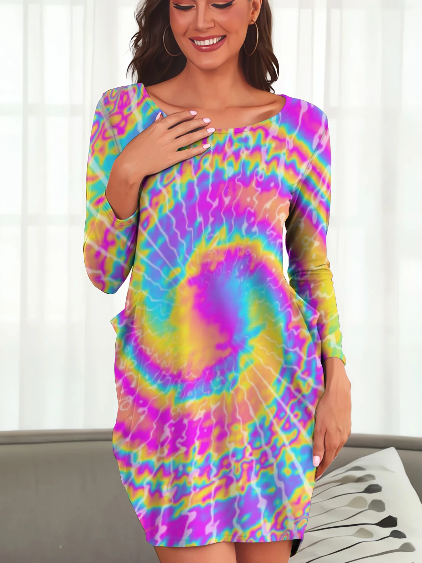 

Fashion Women Dress Hallucinatory Vortex Colorful Tie Dye Art Printed Loose Daughter Skirt Streetwear Long Sleeve Pocket Dresses