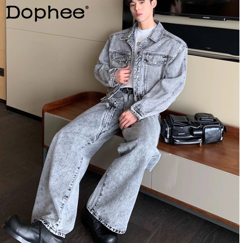 

2025 Men's Autumn New 2pcs American Style High Street Retro Padded Shoulder Denim Jackets Splicing Design Jeans Trendy Chic Sets