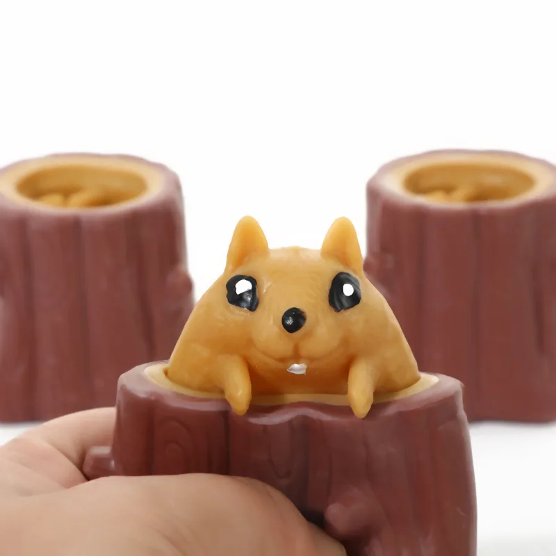 Squeeze Squirrel Stump Cup Pinching Toy with Music for Kids Antistress Fidget Decompression Tree Stump Miniature Weird Play