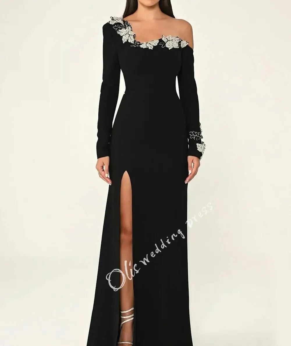 customized   Luxury Party Dresses Customized Beads One Shoulder A-Line elegant Crepe Formal Saudi evening gala dress for women