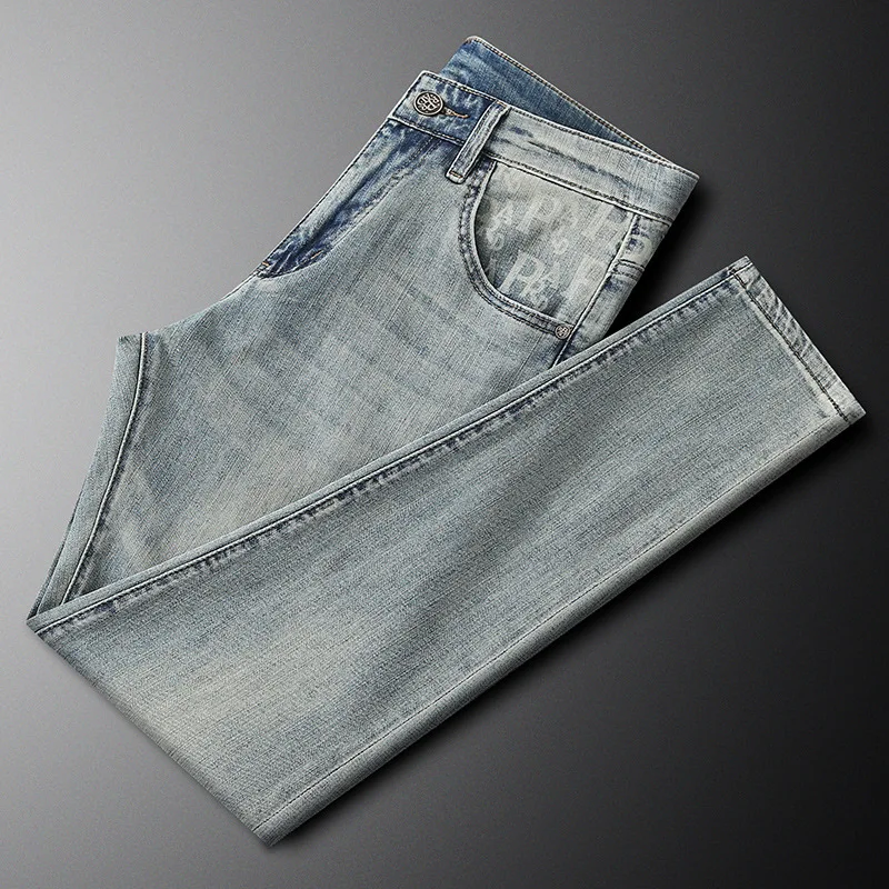 High end letter printed jeans for men, fashionable light luxury trend brand 2025 new slim fit small straight leg pants