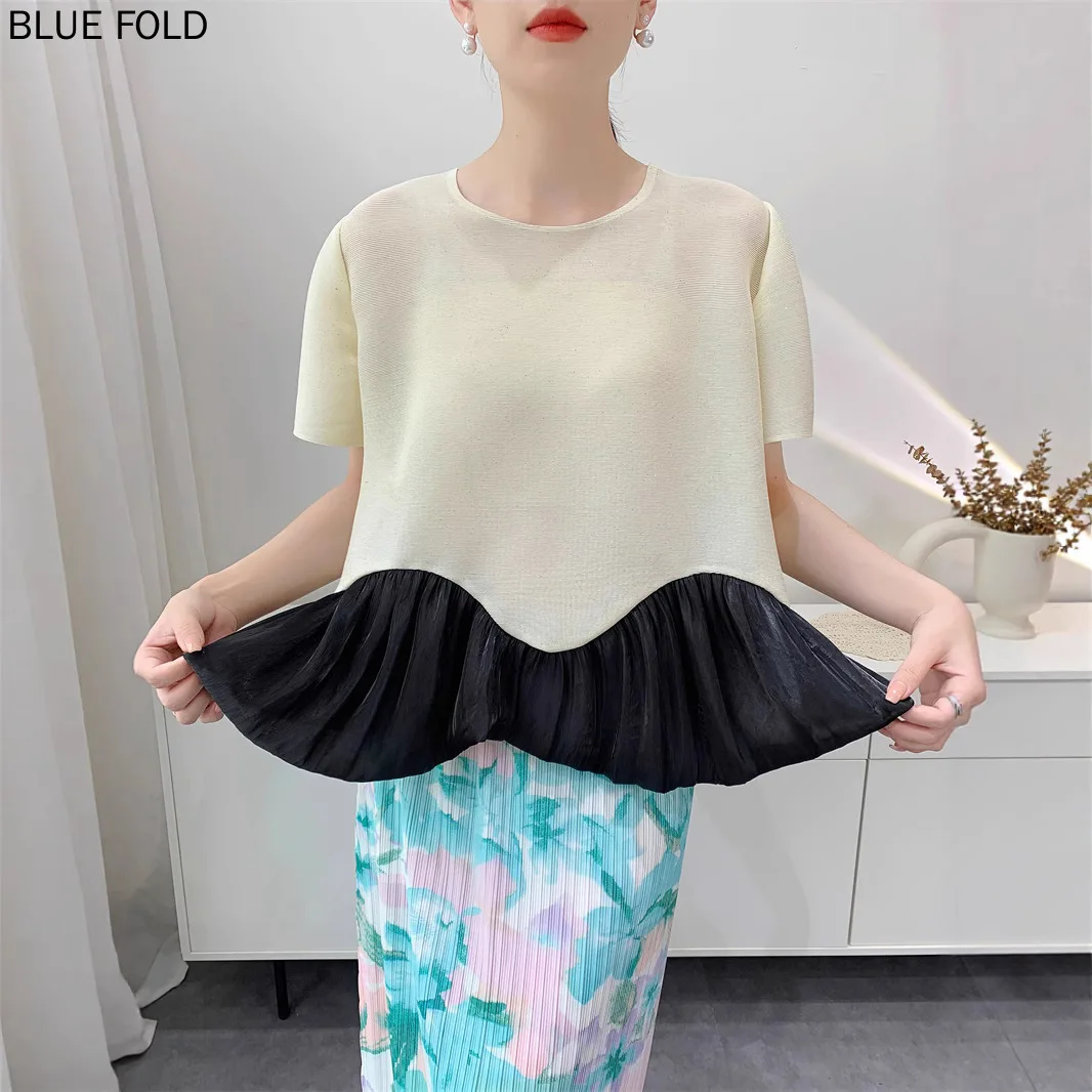 Gold-spreaded Satin Shaking Shirt Color-blocking Miyakaya Pleated Top Women 2025 Summer Comfortable Casual Loose T-shirt