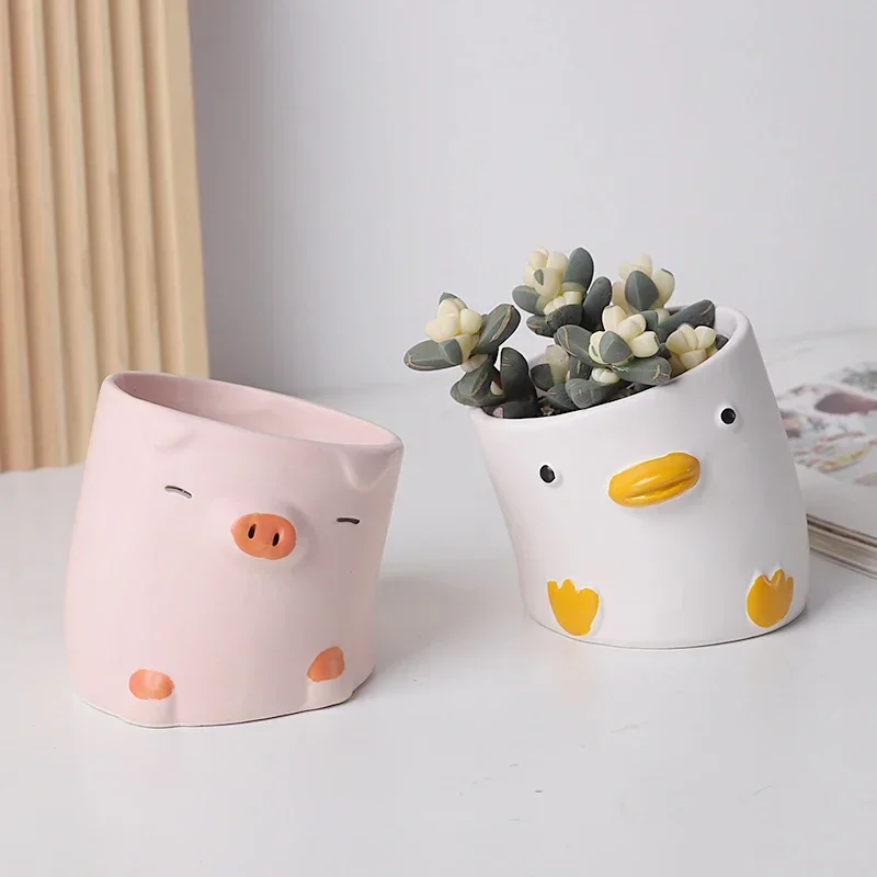 Cute Cartoon Animal Duck and Pig Ceramic Flower Pot Creative Crooked Desktop Balcony Succulent Planting Flowerpot Decoration