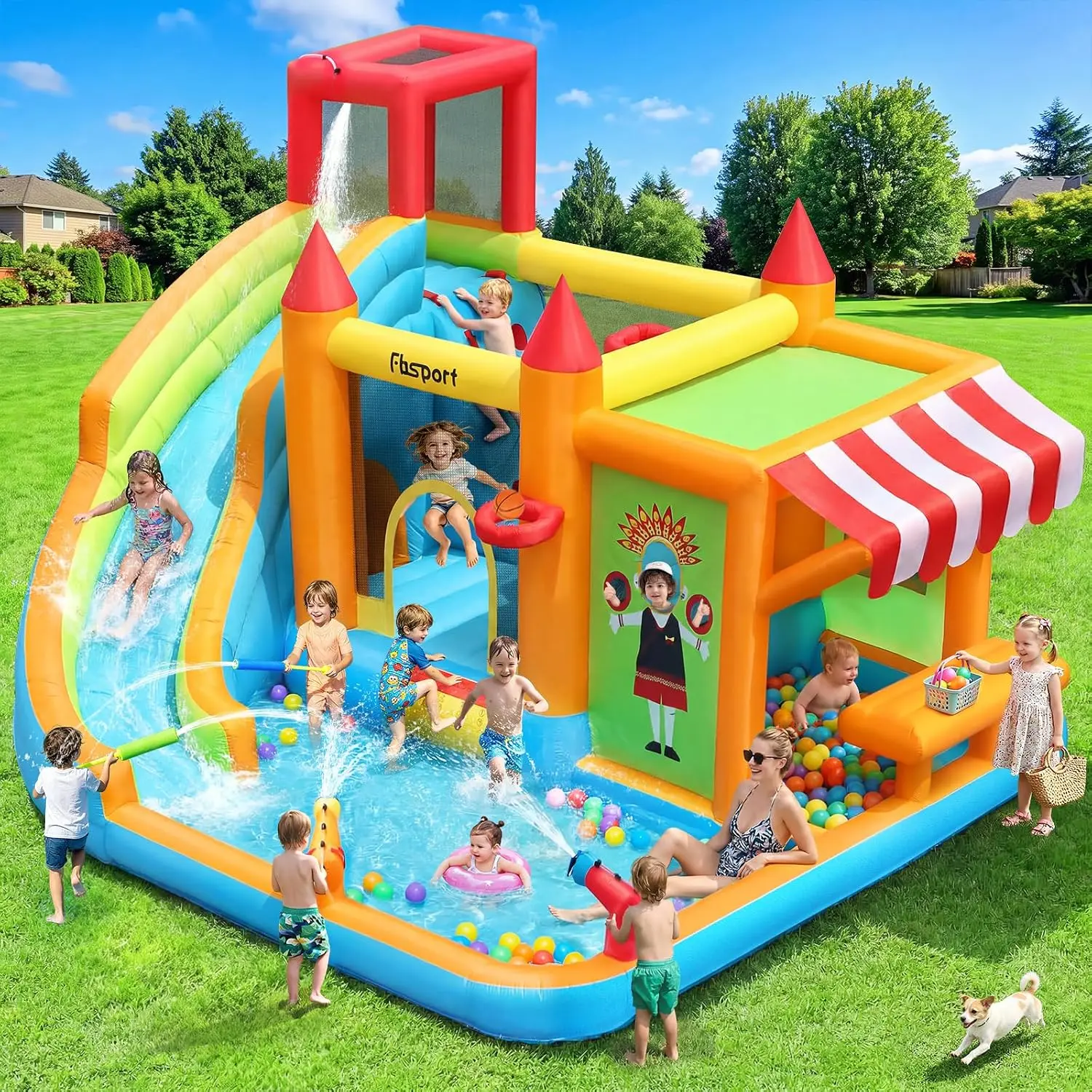 Inflatable Bounce House with Water Slide for Kids Includes Toy Market Stand Splash Pool Climbing Wall Water Gun Bouncer
