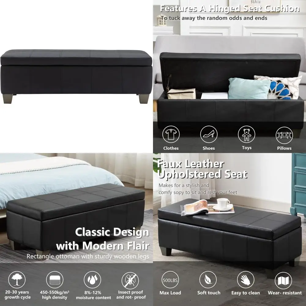 مسند مستطيل من الجلد الصناعي الأسود مع مساحة تخزين، مقعد سرير طويل جدًا لاستخدام غرفة النوم