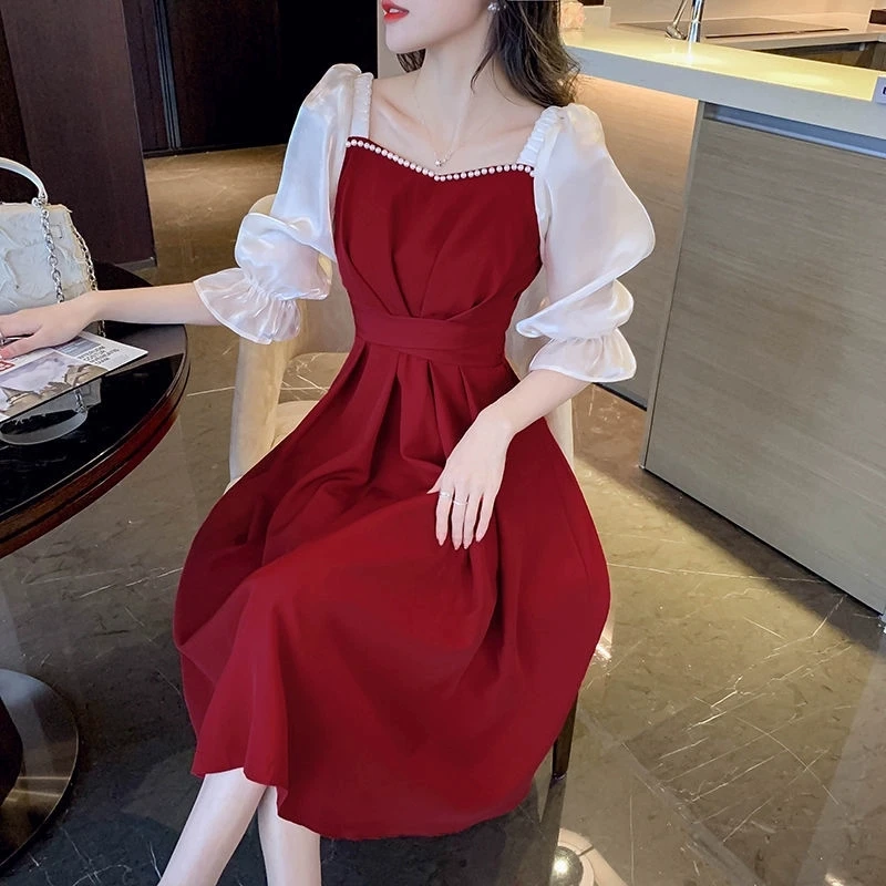 Red Half-Sleeve Mid-Length A-Line Dress Women's Slim Waist Spring New 2026 Sweet French Style Splicing Skirt
