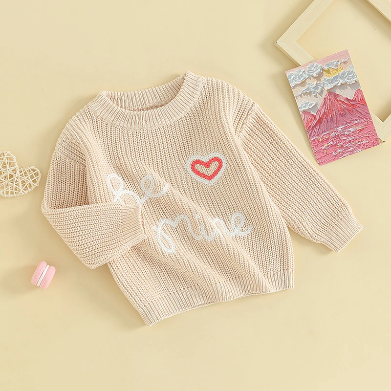 

Unisex Infant Knitwear with Love Heart Embroidery Crew Neck Long Sleeve Sweater for Fall Valentine s Day Toddler Jumper Top