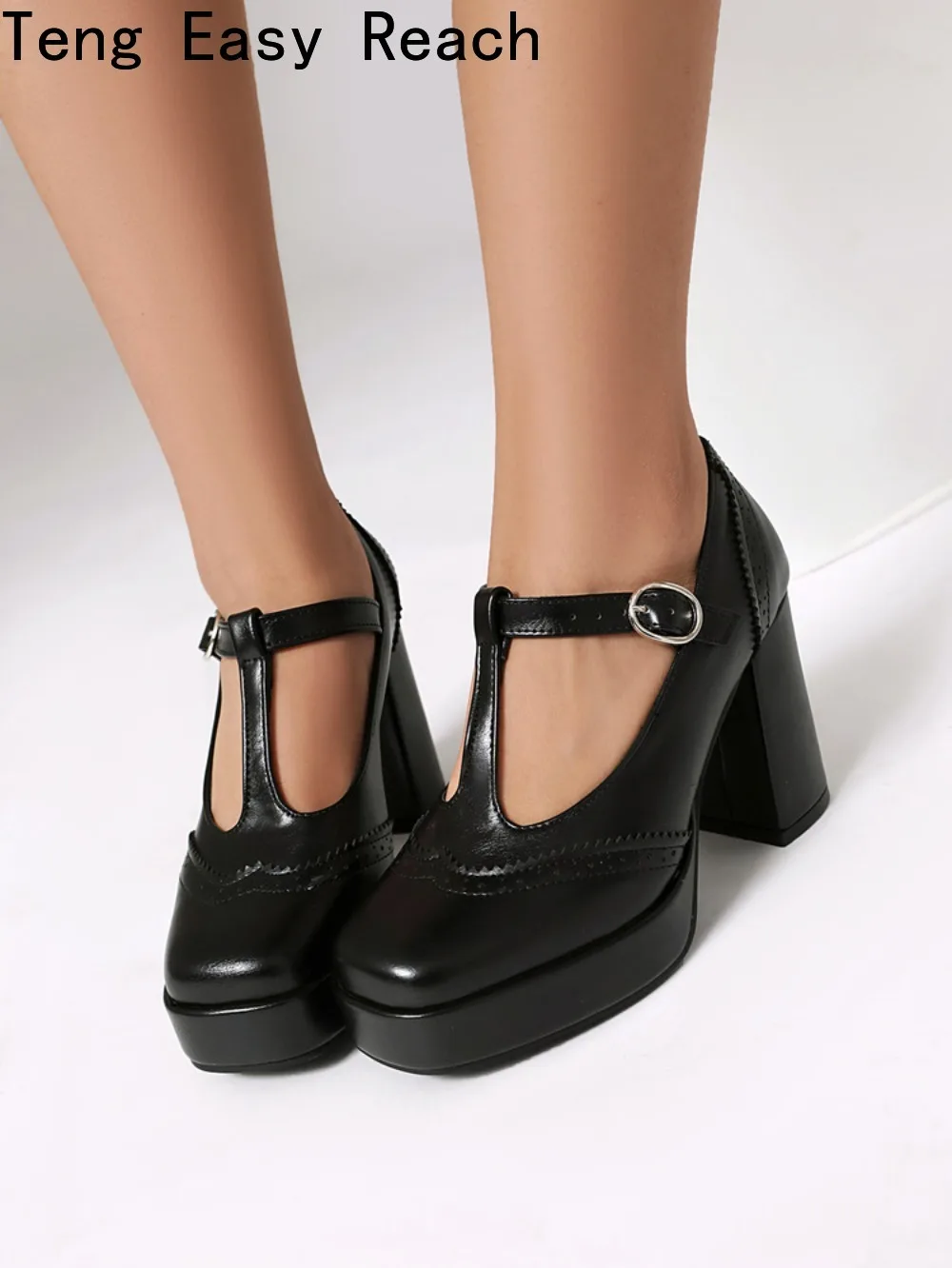 Classic Mary Janes Leather Shoes for Women OL Pumps French Square Toe Platform T-Strap Plus Size 35-43 Vintage Daily Shoes New