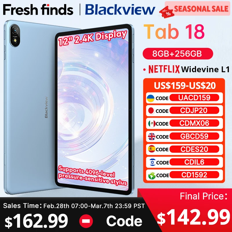 Blackview Tab 18 12 inch Tablet 12GB+256GB 16MP 2.4K FHD+ Display 8800mAh Battery Widevine L1 MTK Helio G99 33W