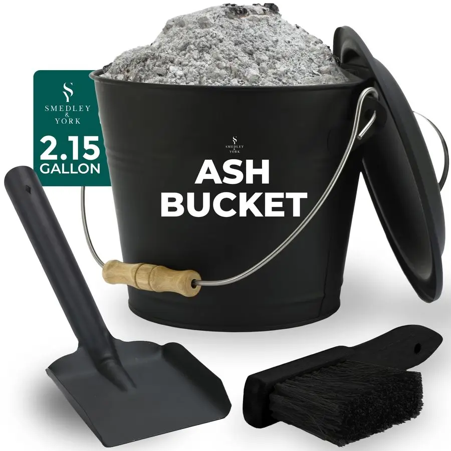 

Ash Bucket with Lid, Complete Fireplace Tools Set, Includes Pail, Shovel amp Broom, 2.15 Gallon Metal Coal Bucket with Accessori