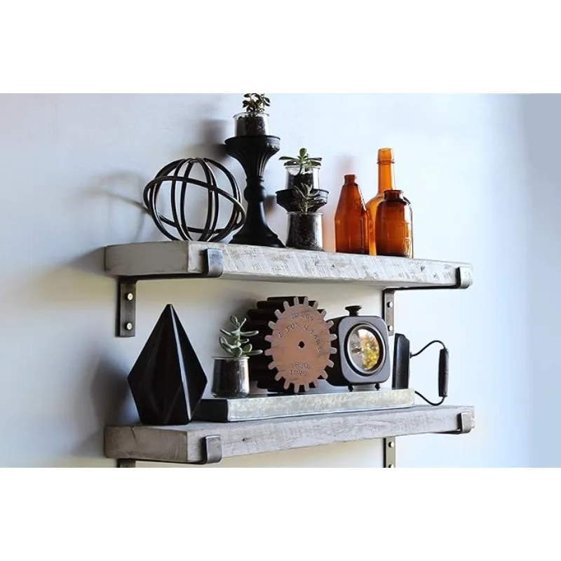 Accent Shelves | Reclaimed Barn Plank | Set of 2 with Full Brackets (White Wash 40