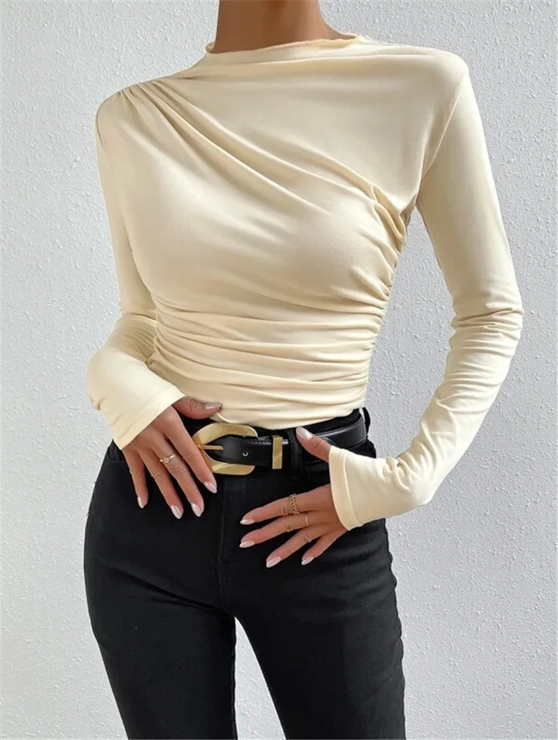 Women Solid Ruched Long Sleeve Tops Half High Neck Slim Fit Stretch Pullover Blouse Elegant Ladies Pleated Waist T Shirt Autumn