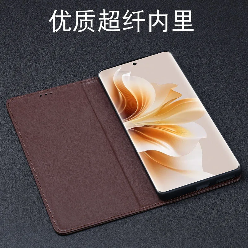 Luxury Genuine Leather Wallet Cover Business Phone Cases For Oppo Reno 12 Reno12 Pro Cover Credit Card Money Slot Case