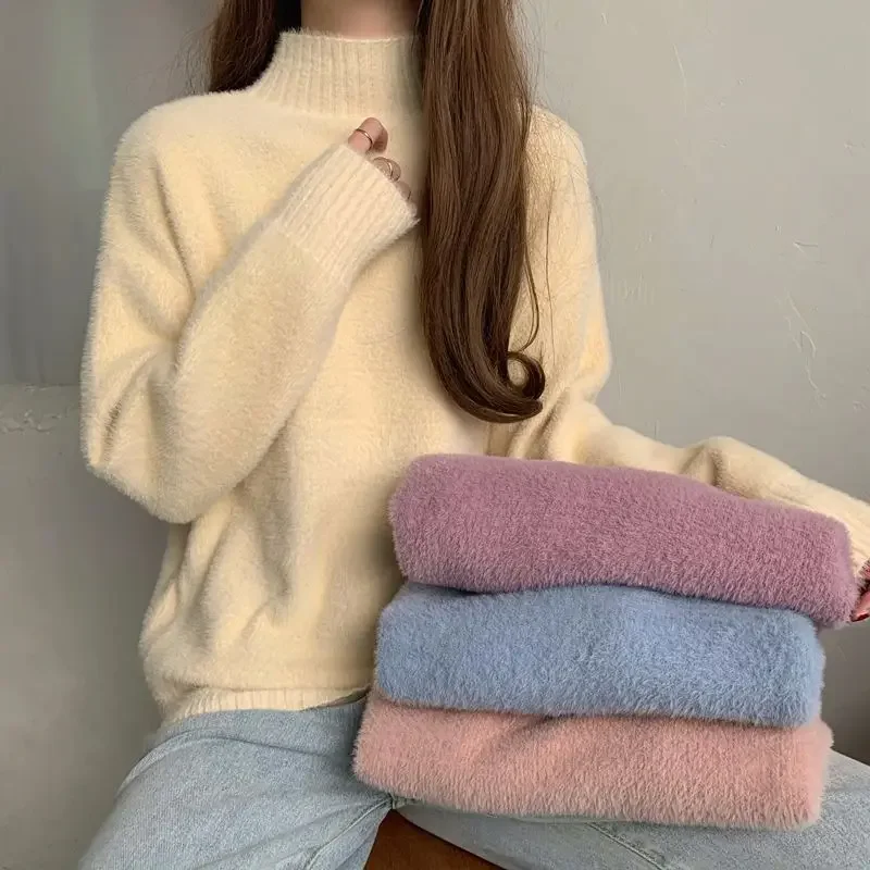 Knitted Top for Women Pullovers Gigh Neck Jerseys Ladies Sweaters Turtleneck Pink 90s Vintage Modern Y2k Fashion Korea Clothes